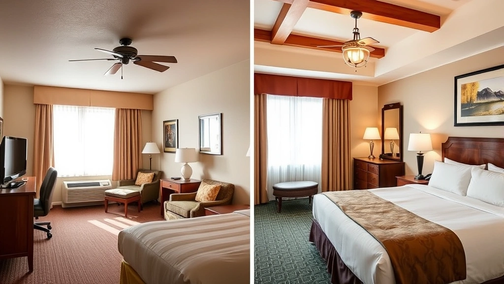 Comparison scene: split view showing cozy motel room interior with basic furnishings versus upscale hotel room with premium bedding and amenities, both inviting and well-maintained