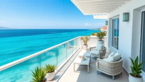 Modern luxury hotel balcony overlooking turquoise Mediterranean Sea with white furniture, potted plants, and clear blue sky, photorealistic daytime scene