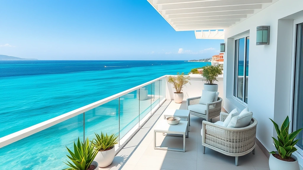 Modern luxury hotel balcony overlooking turquoise Mediterranean Sea with white furniture, potted plants, and clear blue sky, photorealistic daytime scene