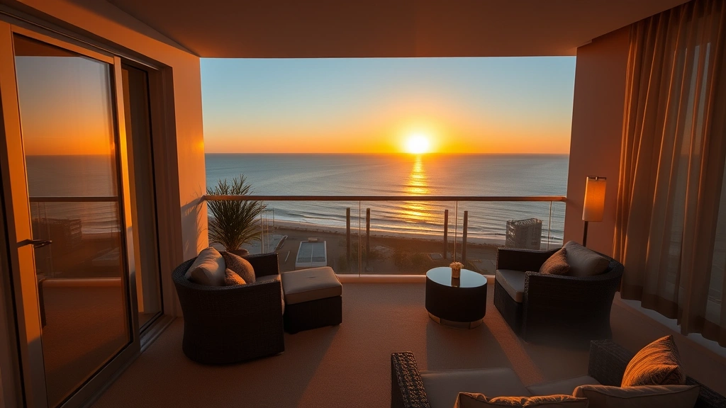 Spacious contemporary hotel balcony with comfortable seating, ocean horizon view at golden hour sunset, warm lighting, nobody present, high-rise perspective