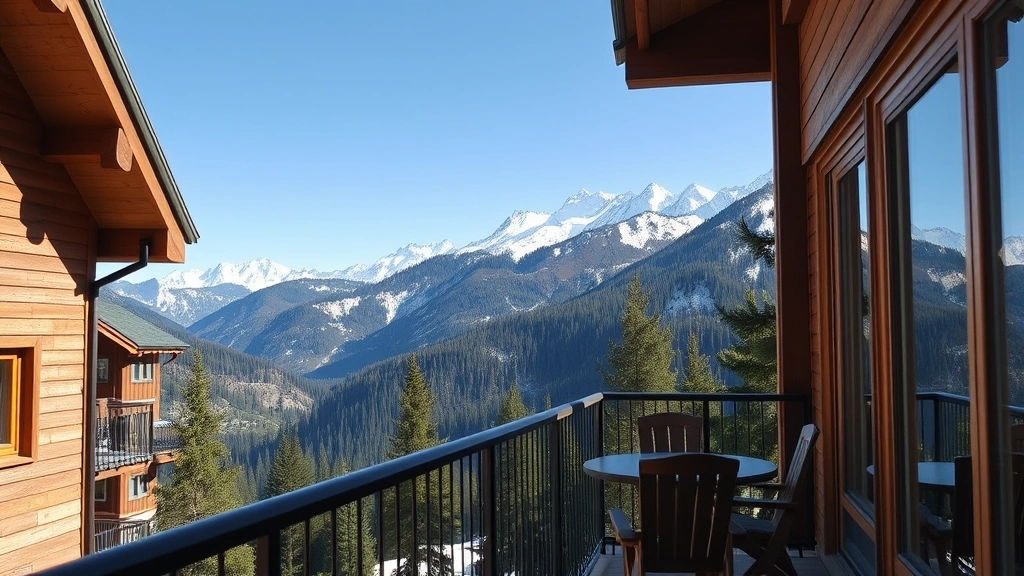 Mountain resort balcony with snow-capped peaks in background, wooden furniture, clear weather, pine forest vista, alpine landscape, photorealistic daylight