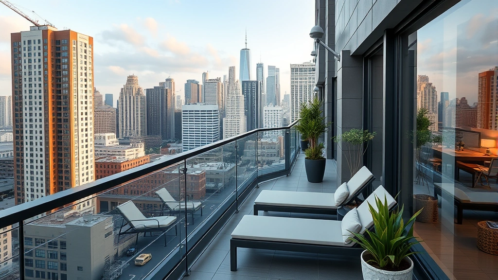 Contemporary urban hotel balcony with city skyline views, lounge chairs, and potted plants, high-rise building perspective