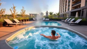 Modern hotel outdoor hot tub with bubbling water jets, surrounded by comfortable lounge chairs and lush landscaping, daytime with clear sky, guest relaxing with warm steam rising