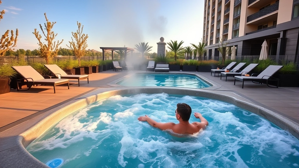 Modern hotel outdoor hot tub with bubbling water jets, surrounded by comfortable lounge chairs and lush landscaping, daytime with clear sky, guest relaxing with warm steam rising