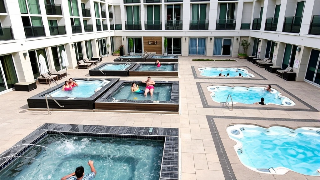 Contemporary hotel courtyard featuring multiple hot tubs with varying sizes, guests enjoying facilities, clean water with visible jets, nearby seating areas and towel service stations, clean modern architecture