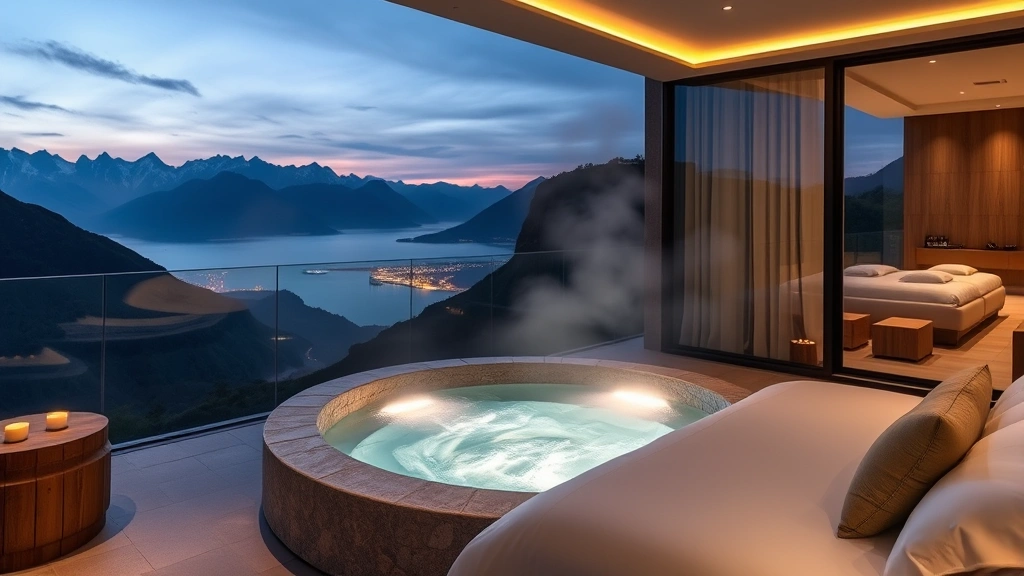 Modern luxury bedroom suite with large round stone hot tub on private balcony overlooking mountain peaks during twilight, steam rising from water, ambient lighting, contemporary minimalist design