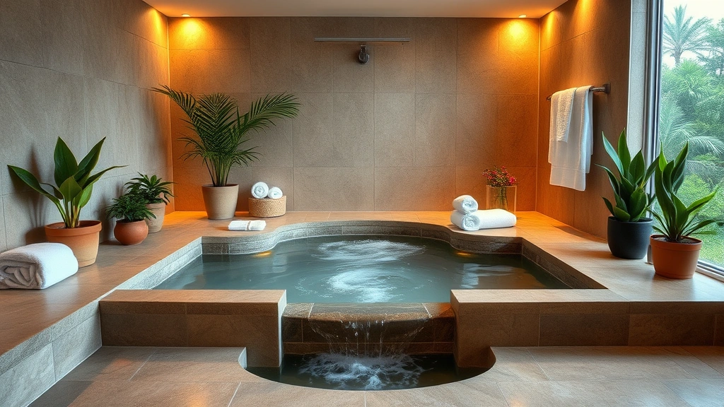 Spa-style ensuite bathroom featuring sunken hot tub with cascading water feature, heated stone surround, soft warm lighting, fluffy white towels, potted plants, clean and serene atmosphere