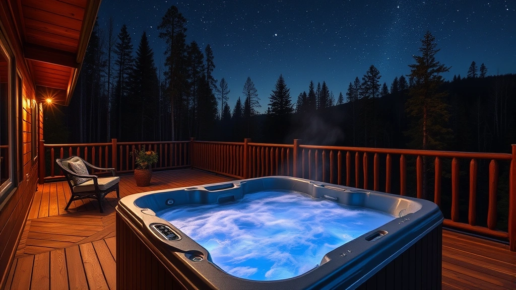 Outdoor heated hot tub on wooden deck with forest views, clear night sky visible above, warm steam rising, comfortable seating area nearby, rustic luxury resort setting