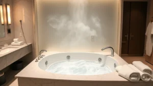 Modern hotel bathroom with elegant soaking tub featuring jets, marble counters, soft ambient lighting, fluffy white towels, and steam rising from hot water