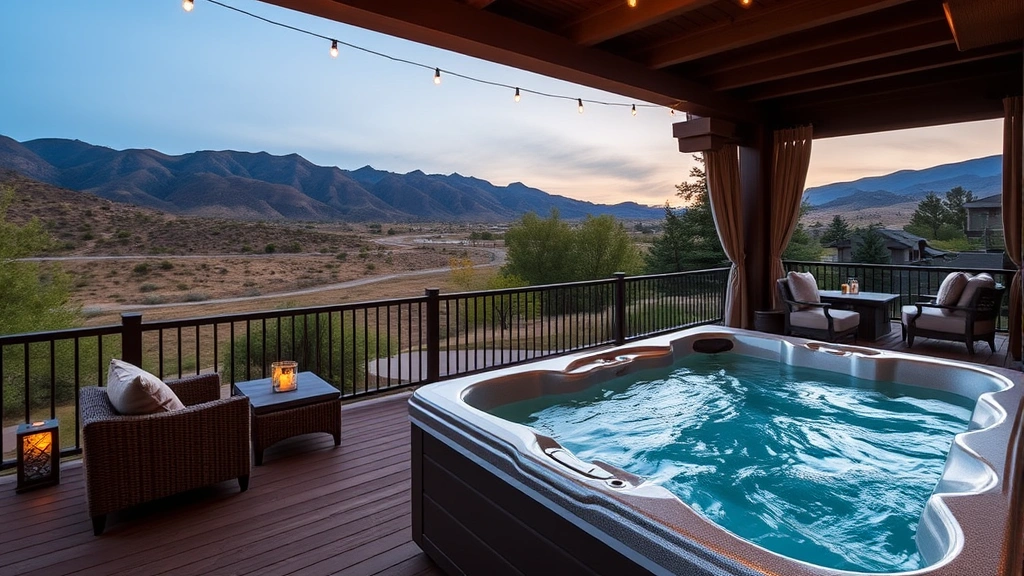 Luxury resort suite with private hot tub on covered balcony overlooking mountains, evening ambiance with string lights, comfortable seating, and serene natural landscape