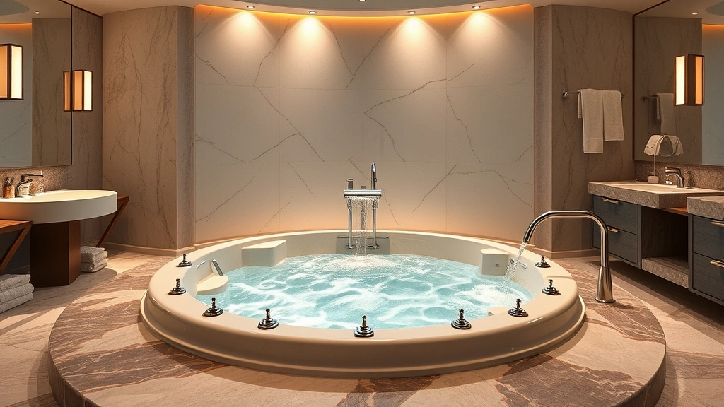 Upscale bathroom interior showing spacious in-room hot tub with multiple jet nozzles, waterfall feature, heated stone surfaces, spa-quality amenities, and contemporary fixtures