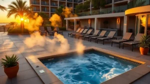 Luxurious outdoor hot tub surrounded by lounge chairs and potted plants at a resort hotel during golden hour sunset with steam rising from water