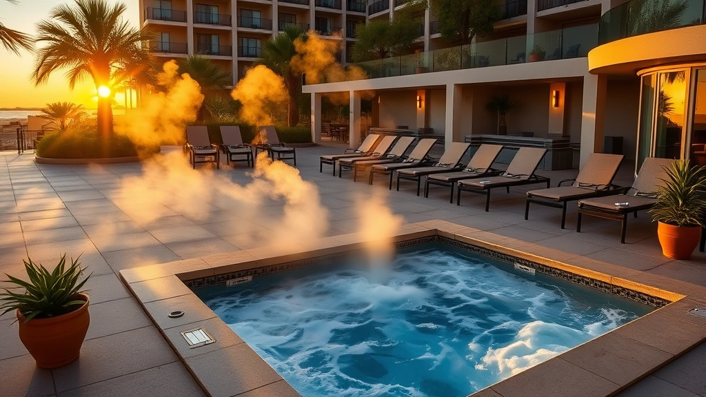 Luxurious outdoor hot tub surrounded by lounge chairs and potted plants at a resort hotel during golden hour sunset with steam rising from water