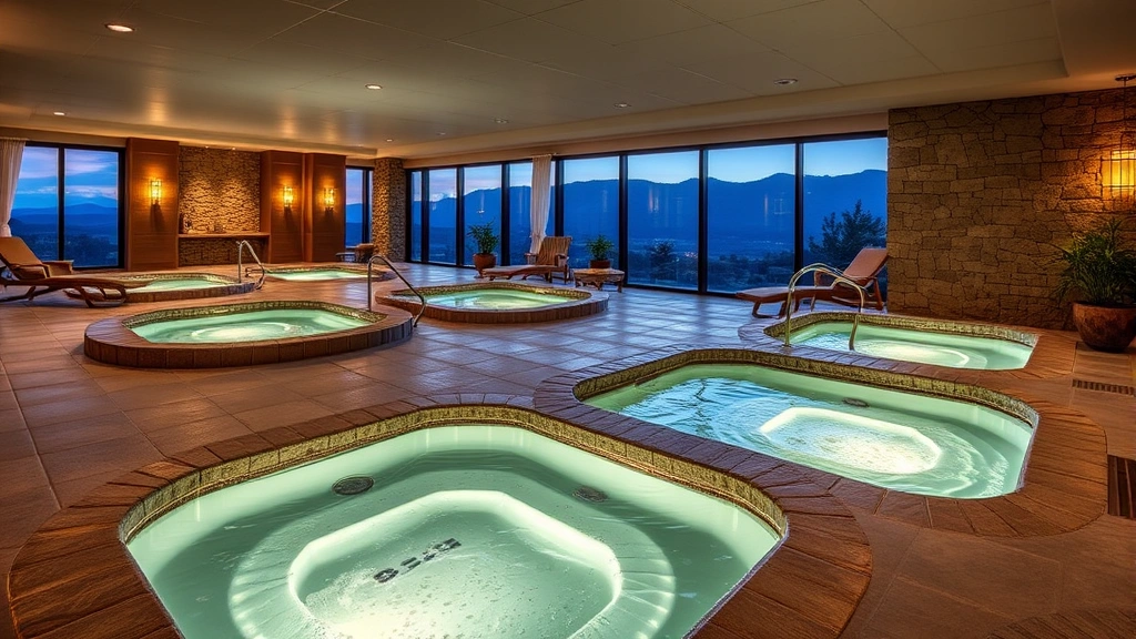 Modern spa facility with multiple heated hot tubs integrated into wellness center, featuring stone surrounds, ambient lighting, and mountain views in background