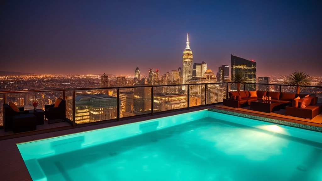 Rooftop hot tub at upscale urban hotel overlooking city skyline at night with city lights reflecting in water and comfortable seating areas nearby