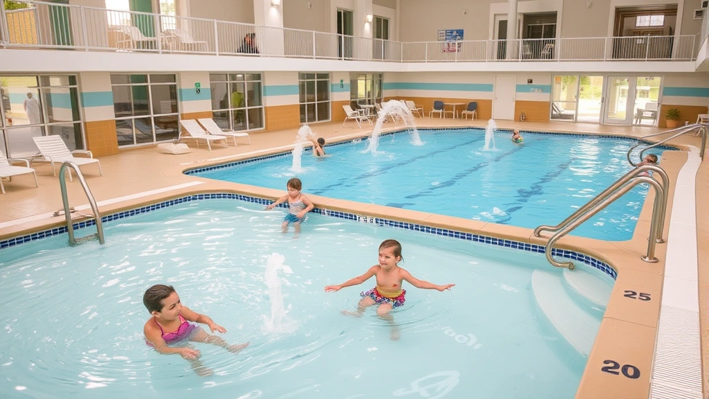 Family-friendly indoor water park area within hotel, shallow children's pool section with water features and fountains, deeper recreational pool area beside it, safety railings visible, bright cheerful atmosphere, ample deck space with family-sized seating, modern facility design, welcoming recreational environment