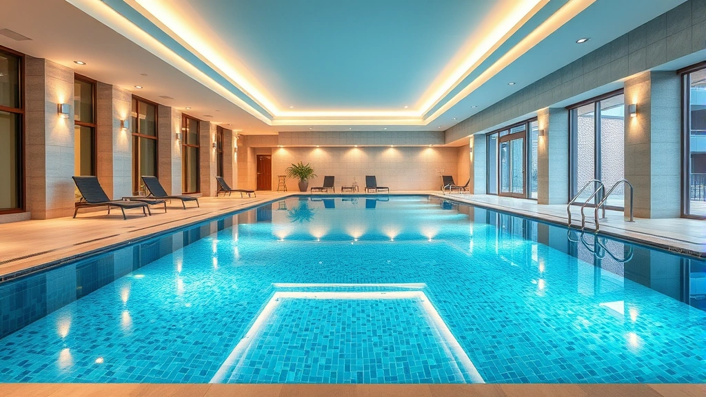 Modern indoor hotel swimming pool with crystal clear heated water, contemporary lighting fixtures, lounge chairs, and contemporary tiled surroundings, no people visible