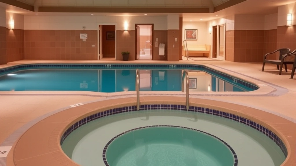 Indoor hotel pool facility with hot tub area, sauna entrance, and wellness amenities visible in background, clean and well-maintained