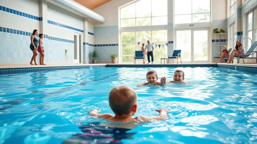 Family enjoying indoor pool with children playing in shallow area while adults supervise from poolside, showing family-friendly pool design with splash features