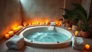 Serene spa bathroom with large soaking jacuzzi tub surrounded by lit candles, fluffy white towels, and tropical plants, warm ambient lighting creating peaceful atmosphere