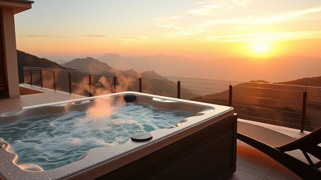 Luxury resort outdoor jacuzzi on private terrace overlooking mountain landscape at sunset, steam rising from water, comfortable lounge chairs nearby