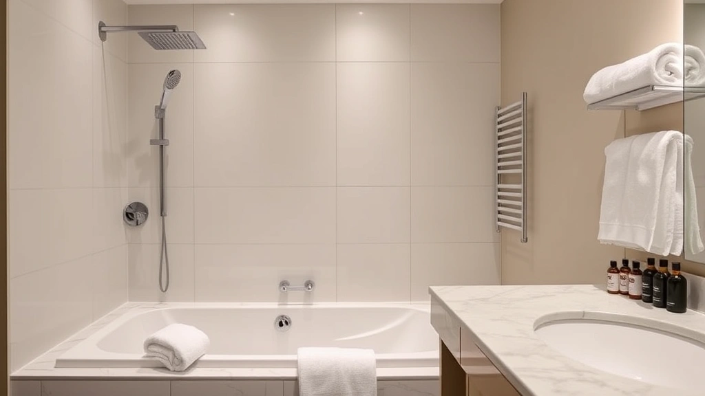 Modern hotel suite bathroom featuring contemporary jacuzzi tub with rainfall showerhead, heated towel racks, spa products arranged on marble countertop, minimalist aesthetic