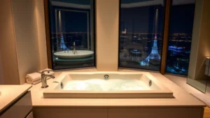 Luxurious modern hotel bathroom with a large rectangular jacuzzi bathtub positioned beside a window overlooking city lights at night, filled with steaming water and illuminated with soft ambient lighting, white marble countertops, plush towels, spa-like atmosphere