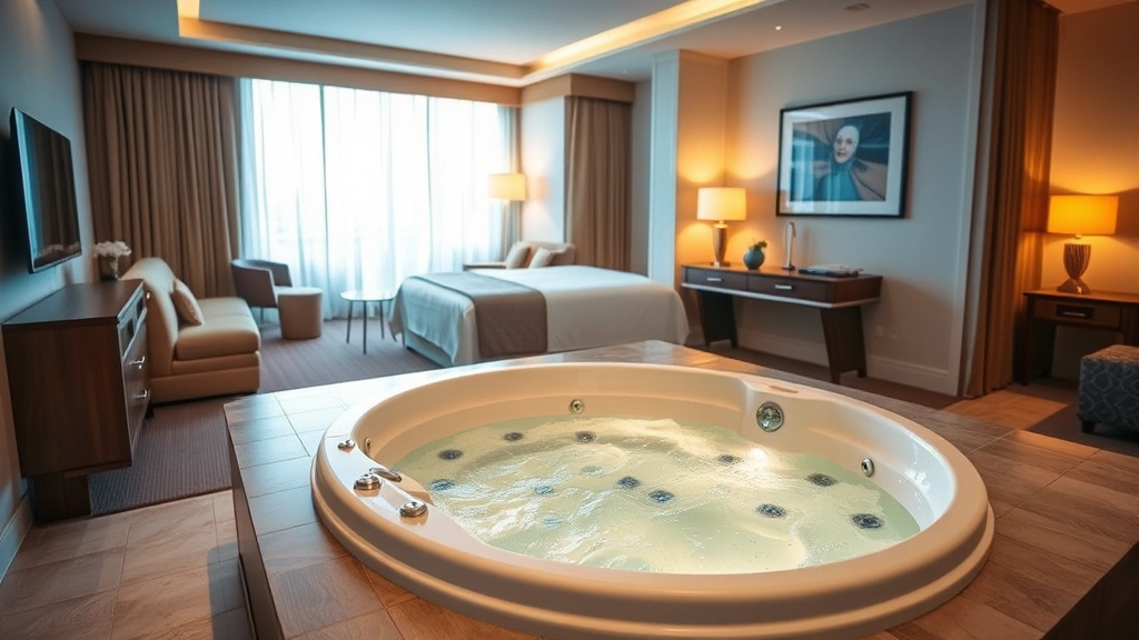 Spacious hotel suite bedroom showing an elegant in-room jacuzzi tub on a tiled platform, multiple jet controls visible on the rim, warm water with gentle bubbles, contemporary interior design with warm lighting, comfortable seating nearby