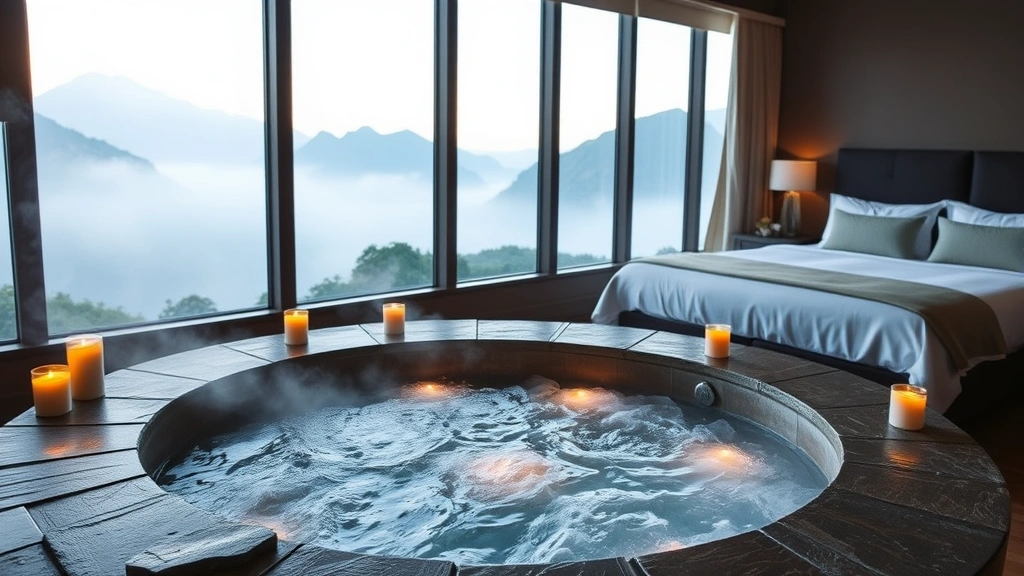 Romantic boutique hotel room featuring a sunken in-room jacuzzi with natural stone surround, candles placed around the perimeter, large windows showing mountain or ocean views, steam rising from the water, luxury bedding visible in background