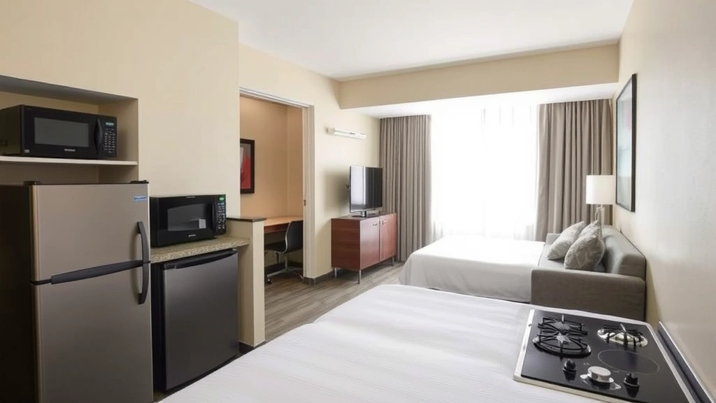 Modern hotel room interior with kitchenette area featuring refrigerator, microwave, and stovetop against neutral walls, natural lighting from window, contemporary furnishings visible in background