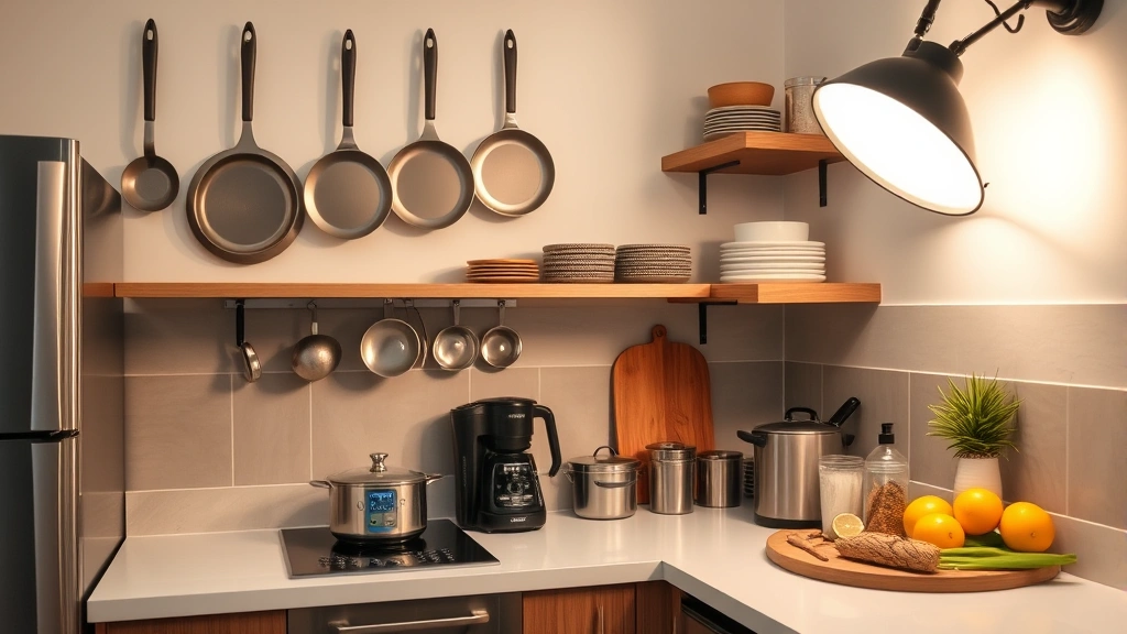 Close-up of fully equipped hotel kitchenette with cookware hanging on wall, stocked shelves, clean countertop with prepared ingredients, professional photography studio lighting