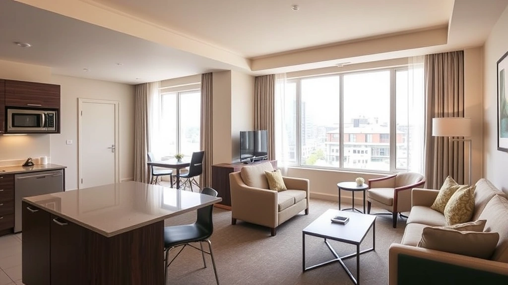 Spacious studio hotel room showing separate living area with kitchenette, comfortable seating, modern decor, bright natural daylight from large windows, residential atmosphere