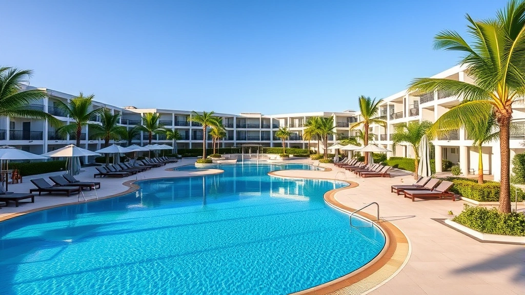 Modern luxury resort outdoor swimming pool with multiple sections, loungers, umbrellas, and tropical landscaping, crystal clear blue water, daytime lighting, no people visible, resort setting