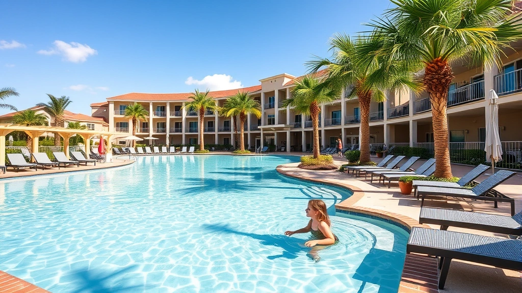 Spacious family-friendly hotel pool area with shallow children's section, zero-entry design, comfortable deck loungers, palm trees, clear skies, inviting water, residential quality