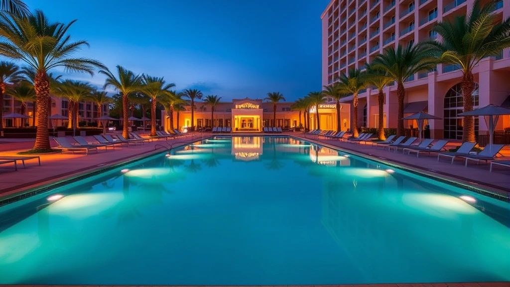 Upscale hotel pool facility with infinity edge design, surrounding palm trees, evening lighting, elegant lounging areas, clean deck surfaces, resort-style ambiance, no identifying text or signage