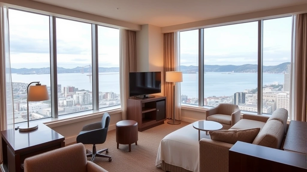 Modern boutique hotel room with contemporary furnishings, neutral color palette, large windows showing San Francisco bay views, minimalist desk workspace, warm ambient lighting