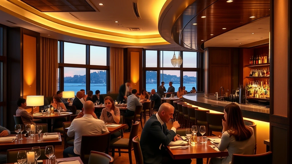 Upscale hotel restaurant interior with casual-elegant ambiance, wooden accents, ambient lighting, guests dining, waterfront windows visible, craft cocktail bar in background