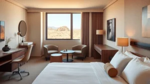 Modern hotel room interior with comfortable bed, clean bathroom visible, desert landscape visible through window, neutral warm tones, contemporary furniture, well-lit space, no text or signage visible