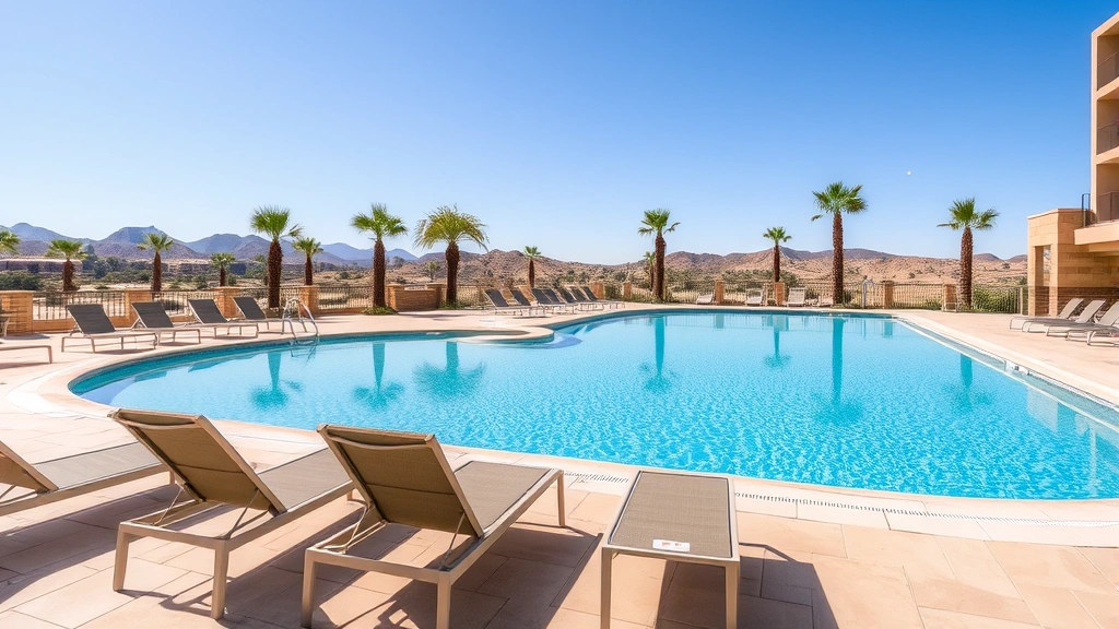Outdoor hotel swimming pool area during daytime, clear blue water, lounge chairs, desert landscape in background, palm trees, bright sunlight, no people, no visible text or building numbers