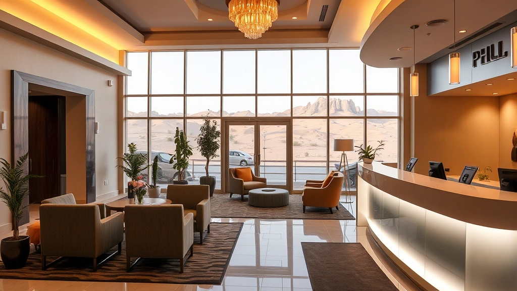 Hotel lobby entrance with welcoming atmosphere, comfortable seating area, modern design, warm lighting, large windows showing desert scenery, reception desk area, clean and organized, no visible text on signs