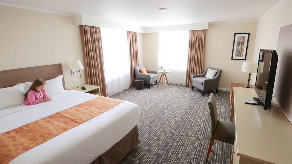 Spacious family hotel room with two queen beds, bright natural light from windows, modern amenities, and welcoming decor suitable for children and parents