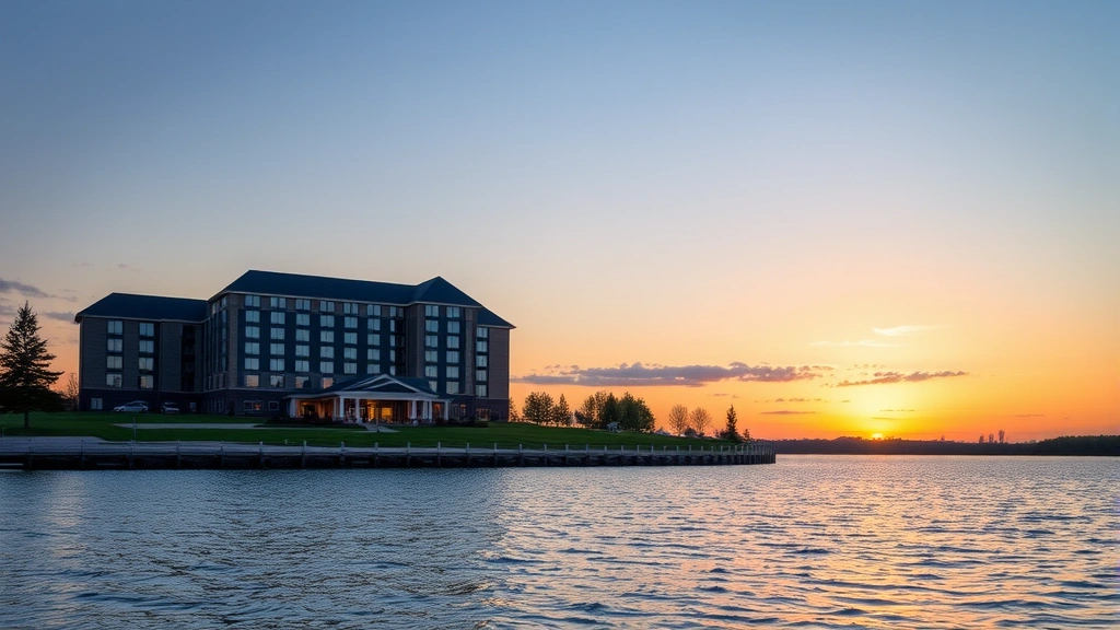 Serene lakeside hotel resort at sunset with calm blue water reflecting sky, Iowa Great Lakes landscape, modern building architecture, peaceful waterfront setting