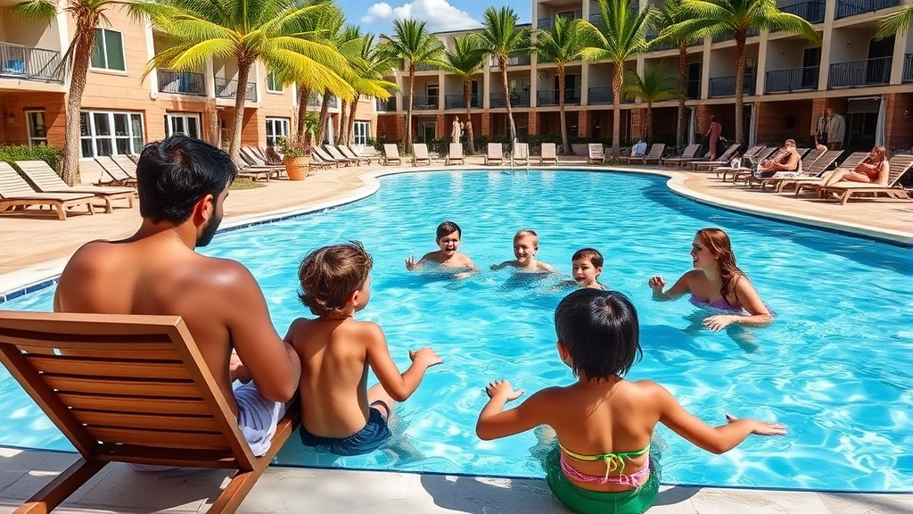 Family enjoying outdoor pool at hotel with children playing in water, adults relaxing on deck chairs, sunny day, tropical-style poolside environment with palm trees