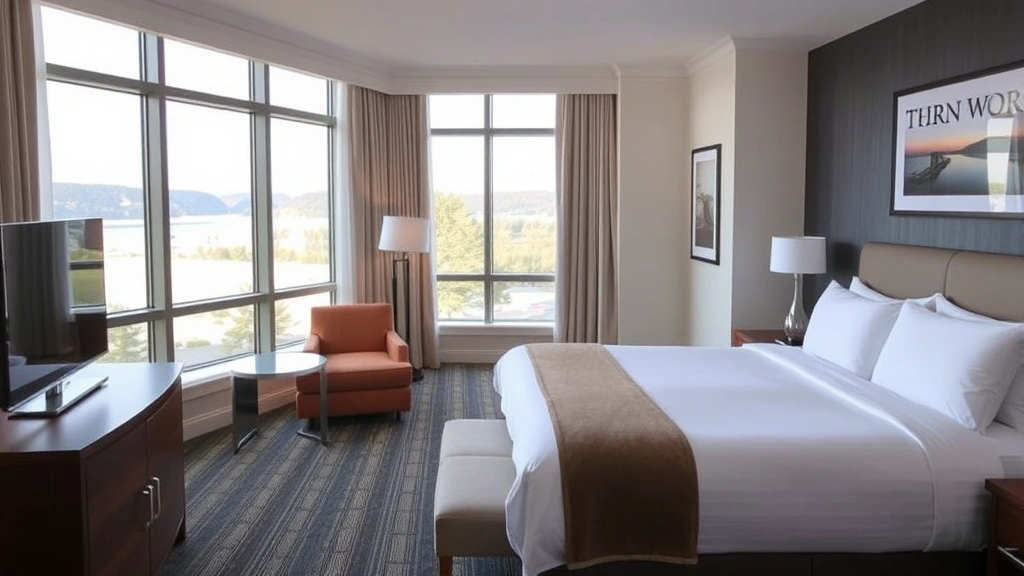 Comfortable hotel room interior with king bed, modern furnishings, large windows overlooking lake view, clean contemporary design, welcoming bedroom space