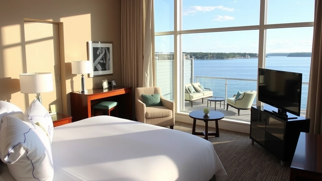 Luxury waterfront hotel room in Petoskey Michigan with large windows overlooking Little Traverse Bay, modern furnishings, natural daylight, bed with premium linens, professional photography, no visible text or signage