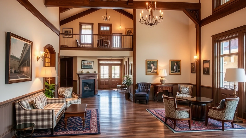 Boutique hotel lobby in downtown Petoskey with historic charm, elegant decor, local artwork on walls, comfortable seating areas, natural wood elements, warm lighting, no visible signage or text