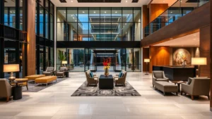 Modern hotel lobby in Schaumburg with contemporary furniture, warm lighting, and glass architectural elements reflecting professional hospitality environment