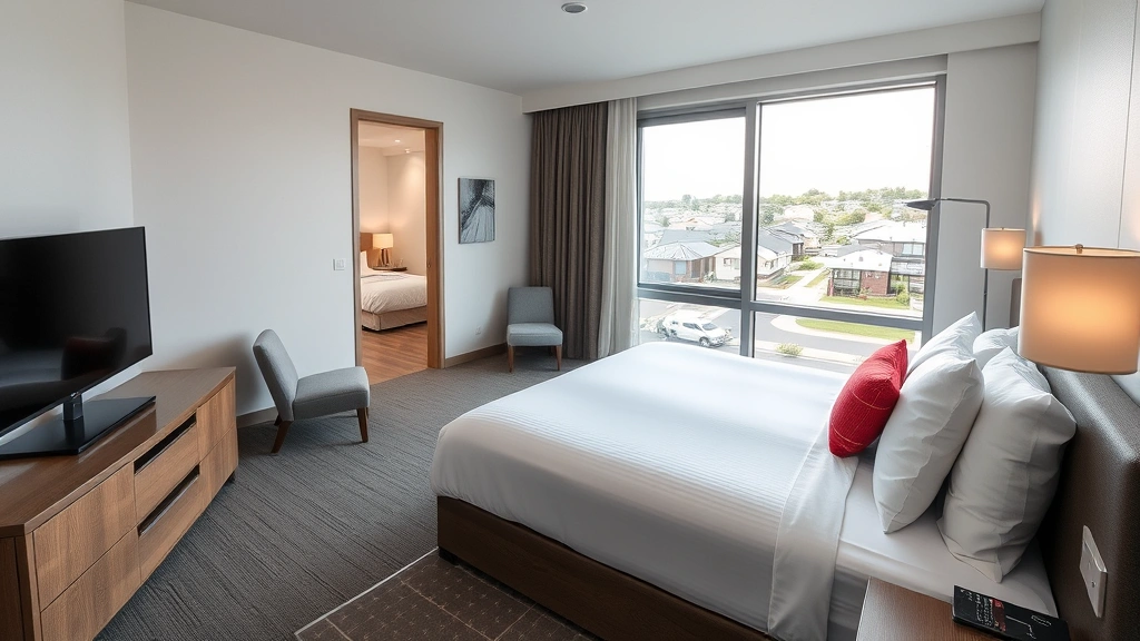 Spacious hotel room with king bed, modern amenities, flat-screen television, and clean minimalist design overlooking suburban residential landscape