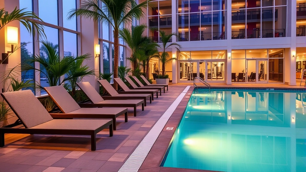 Hotel pool area with comfortable lounge chairs, tropical plants, indoor glass enclosure, warm water, and fitness center visible in background during evening light