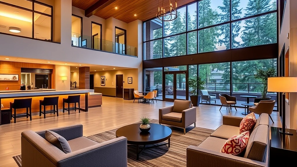 Modern hotel lobby with contemporary furniture, warm lighting, and a welcoming front desk in a Pacific Northwest style building, showing comfortable seating areas and large windows overlooking trees